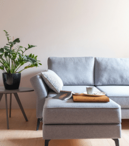 Minimalist therapy office with a sofa, a book, a coffee cup, and a tray, creating a warm, welcoming environment for reflection