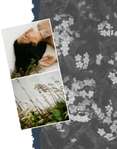 Asian American woman lying peacefully with flowers beside her hair, eyes closed in calm reflection and quiet self-care