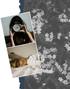 A woman with messy hair holding a clock, expressing frustration with sleepless nights and disrupted sleep cycle patterns