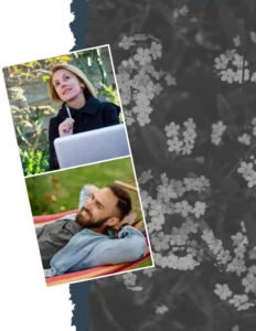 A lifestyle collage showcasing a woman seeking inspiration at her laptop and a man practicing mindfulness and relaxation in a backyard hammock.